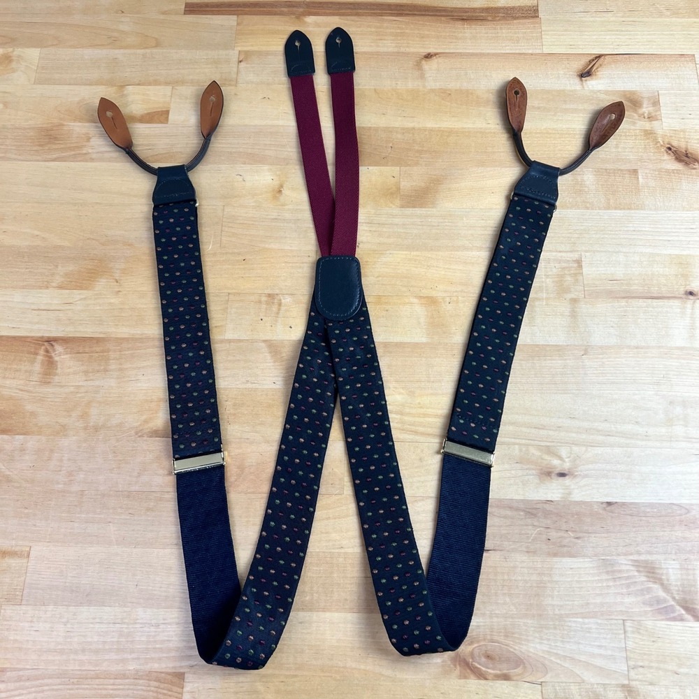 Cole Haan Suspenders A2983 Mens One Size Embroidered Polka Dot Leather USA Made
